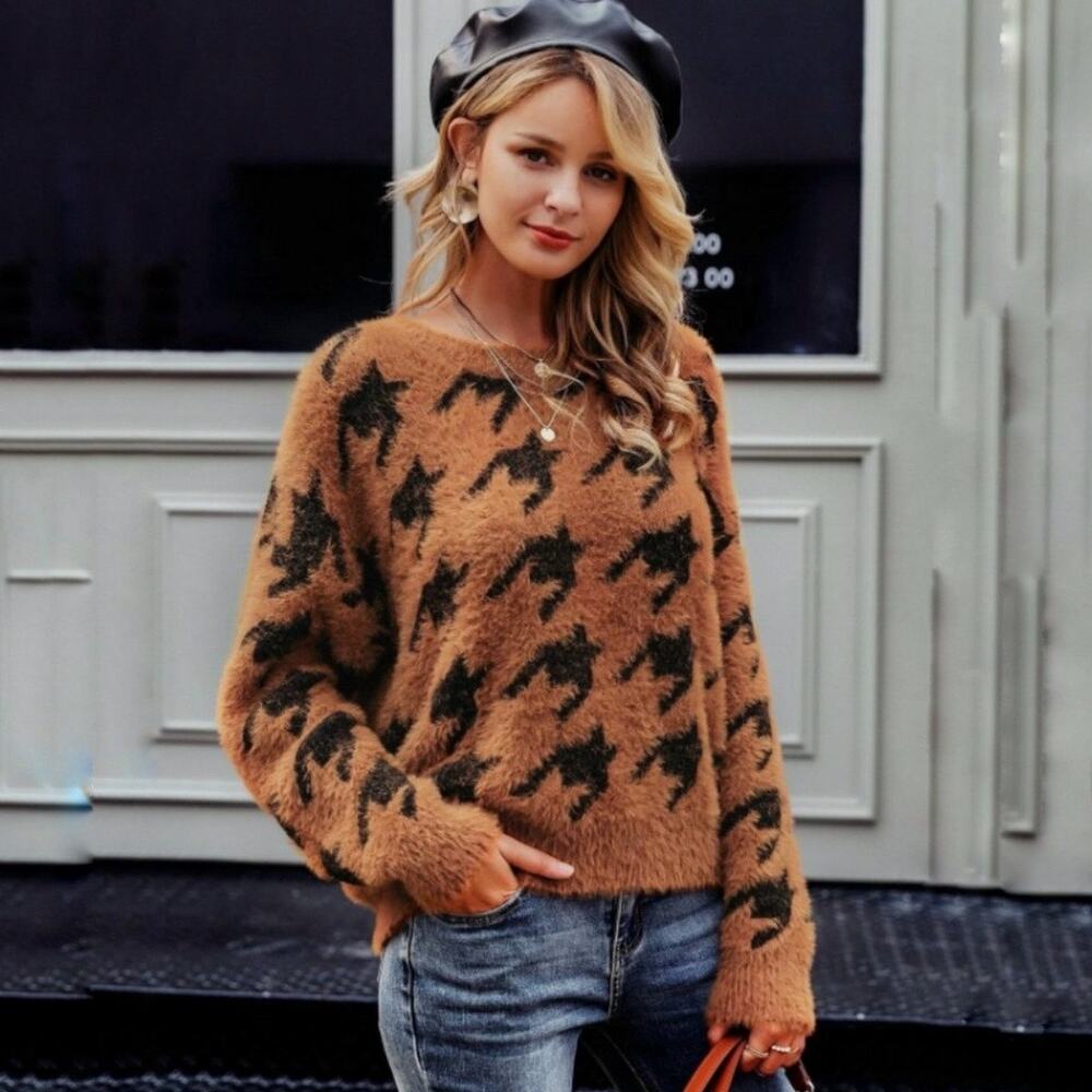 Simplee Brown Houndstooth Fuzzy Oversized Sweater Sz S